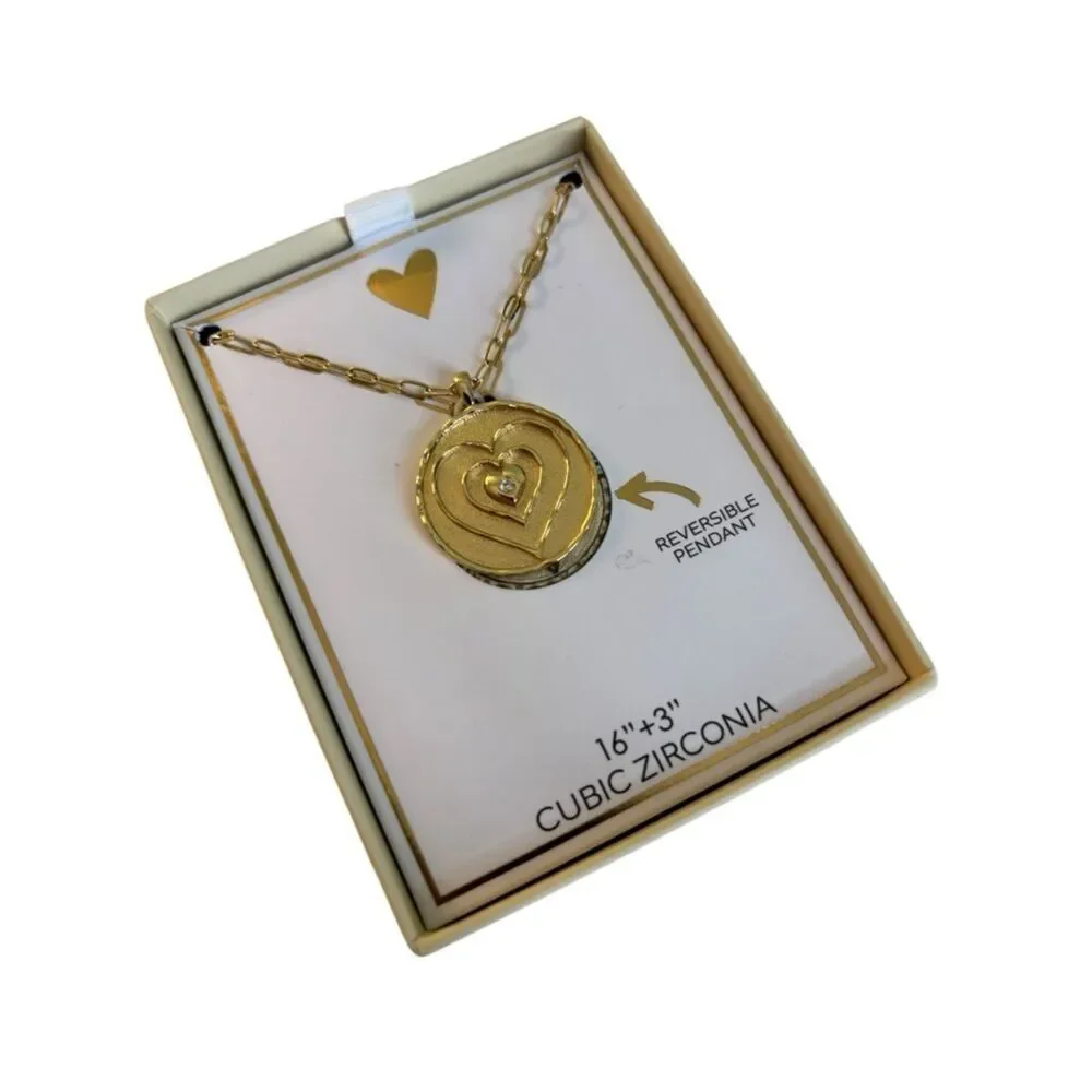 Gold Toned Reversible Medallion Heart Pendant Necklace. Very Pretty